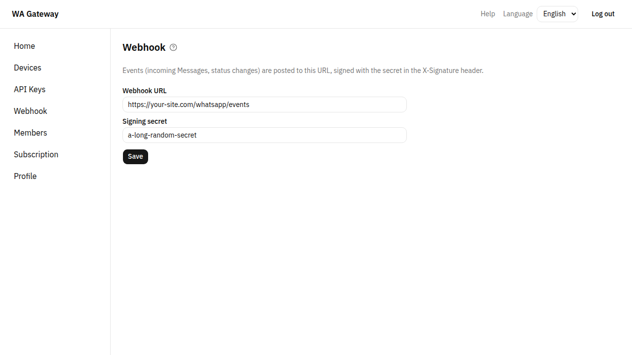 The Webhook page